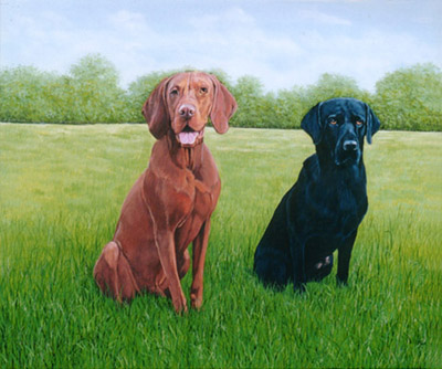 Pet Dog Portraits - Vizsla and Black Labrador Painting - Oils