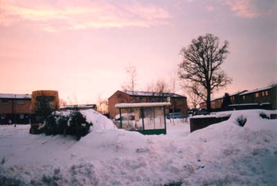 Bus stuck in snowdrift by bus terminus, Tile Hill Village